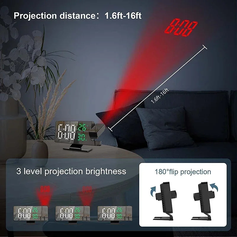 Reloj despertador digital con proyección LED para techo: ¡Hora, temperatura y luz de fondo siempre visibles!